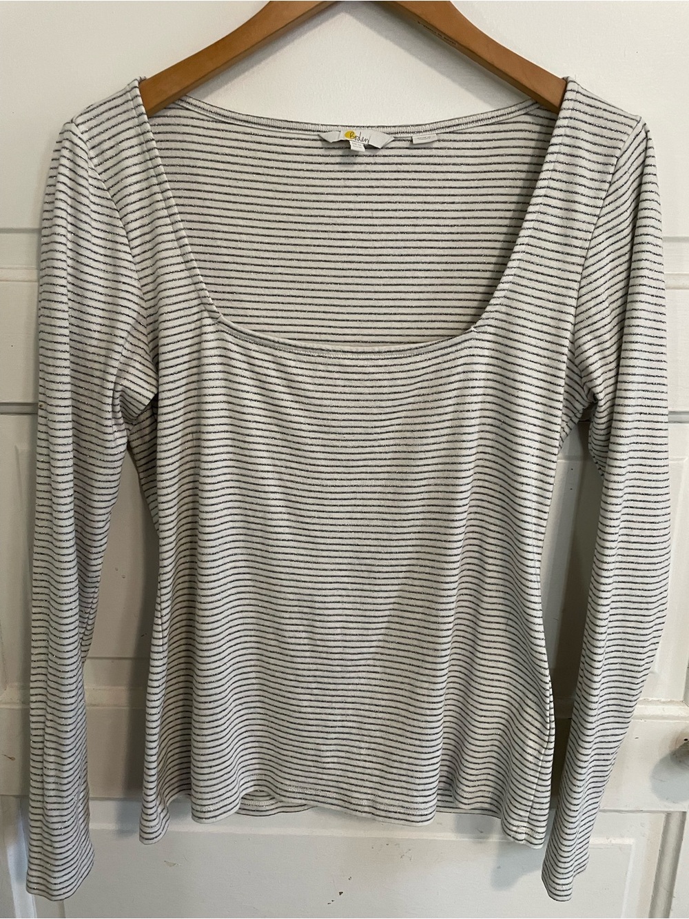 Boden White Scoop-Neck Long Sleeve Top with Black Stripes